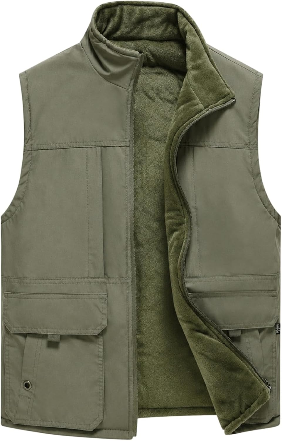 Men's Cotton Stand Collar Lined Vest Zip Multi Pocket Casual Workwear Vest