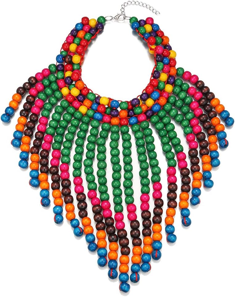 COLORFUL BLING Boho African Wooden Beaded Bib Statement Choker Necklace Long Multi Strand Chunky Layered Collar Tassel Necklace for Women Handmade Jewelry