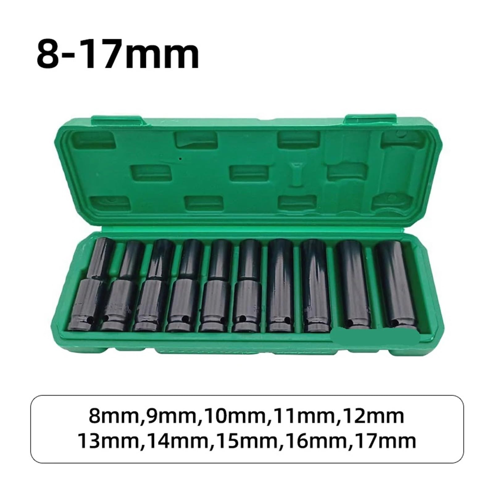 Juego de 10 vasos impacto, llave hexagonal 1/2", profundos 8-24 mm, cabezal neumática, herramientas mantenimiento for extracción neumáticos(8-17MM)