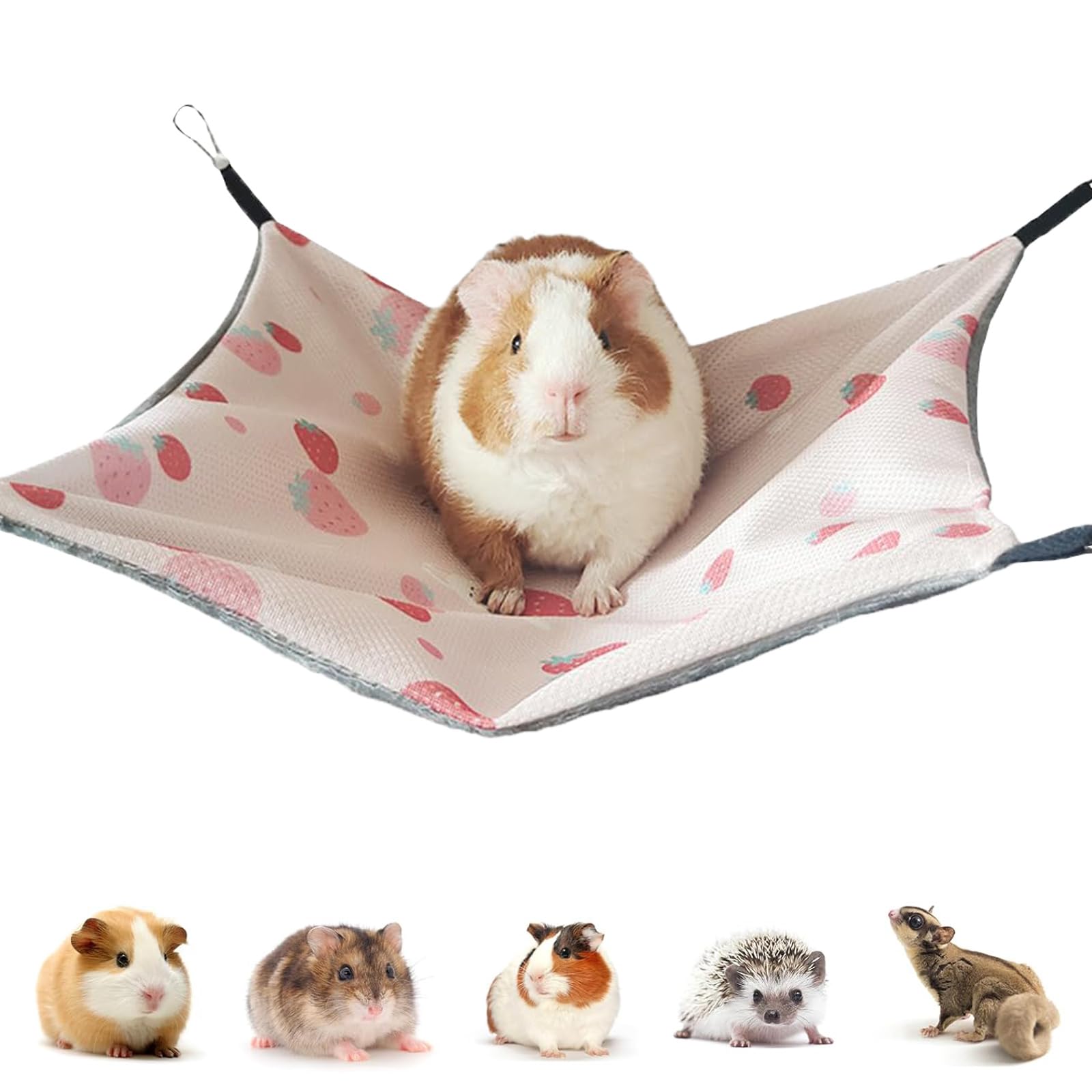 Hamac Cochon d'Inde Avocat Cousu Main 34CM x 34CM Cage Furet Réglable Librement pour Repos Jeu Sieste Cabane Lapin Conception Antidérapante pour Lapin Hamster Cochon d'Inde (Fraise Rose)