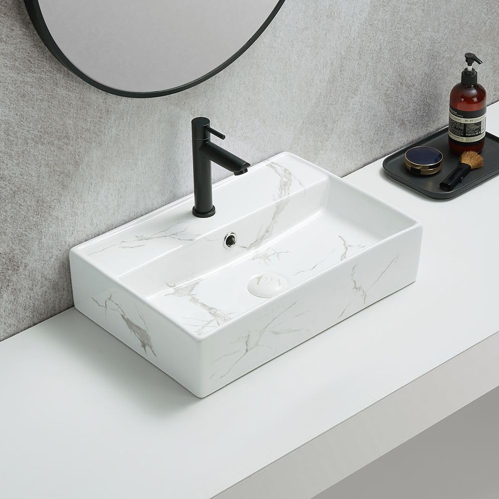 Milano White Marble Elswick Effect Rectangular 1 Tap Hole Countertop Bathroom Basin Sink - 500Mm X 350Mm