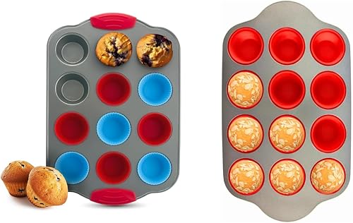 Boxiki Kitchen 12-Cup Mini Steel Muffin Pan with Reusable Silicone Liners and Full-Size Silicone Muffin Pan with Steel Frame – Easy-Release,