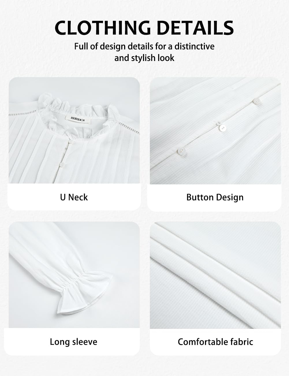 Bsubseach Women Puff Long Sleeve Shirt Textured Button Down Cotton Work Blouse Eyelet Ruffle Collar Dressy Casual Tops - Image 4