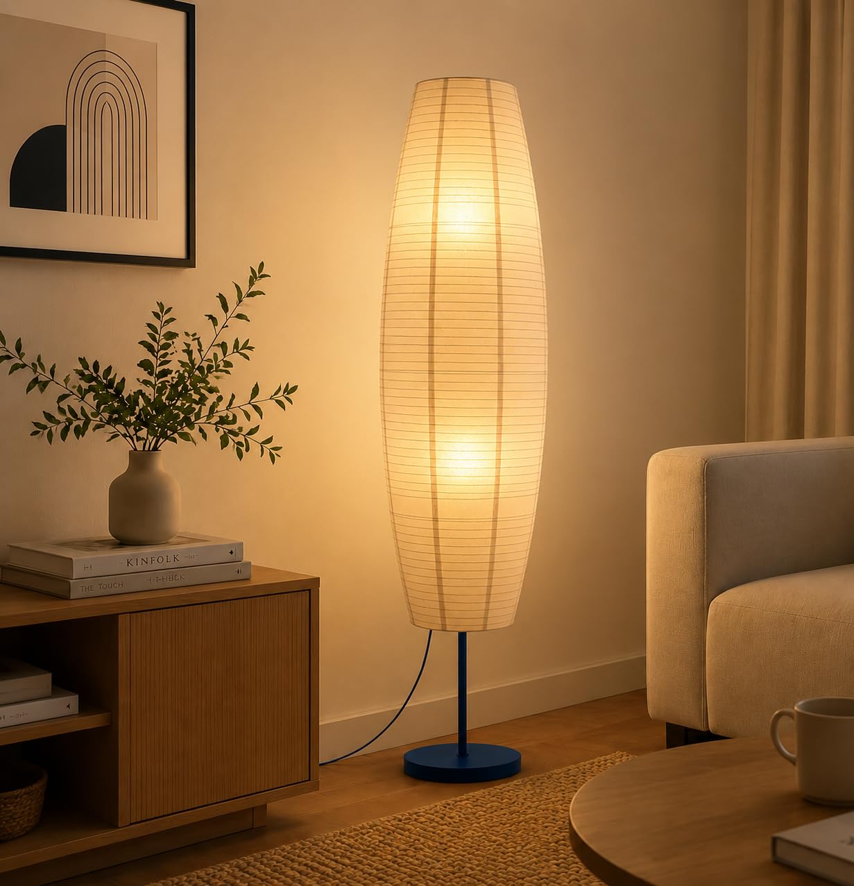 XERGY Minimalist Modern Rice Paper Floor Lamp | Elegant Design | 2, E27 Bulb Socket | Stable Heavy Base for Bedroom, Office & Living Room Decor (Height- 145cm, Bulb Not Included)-picture-47