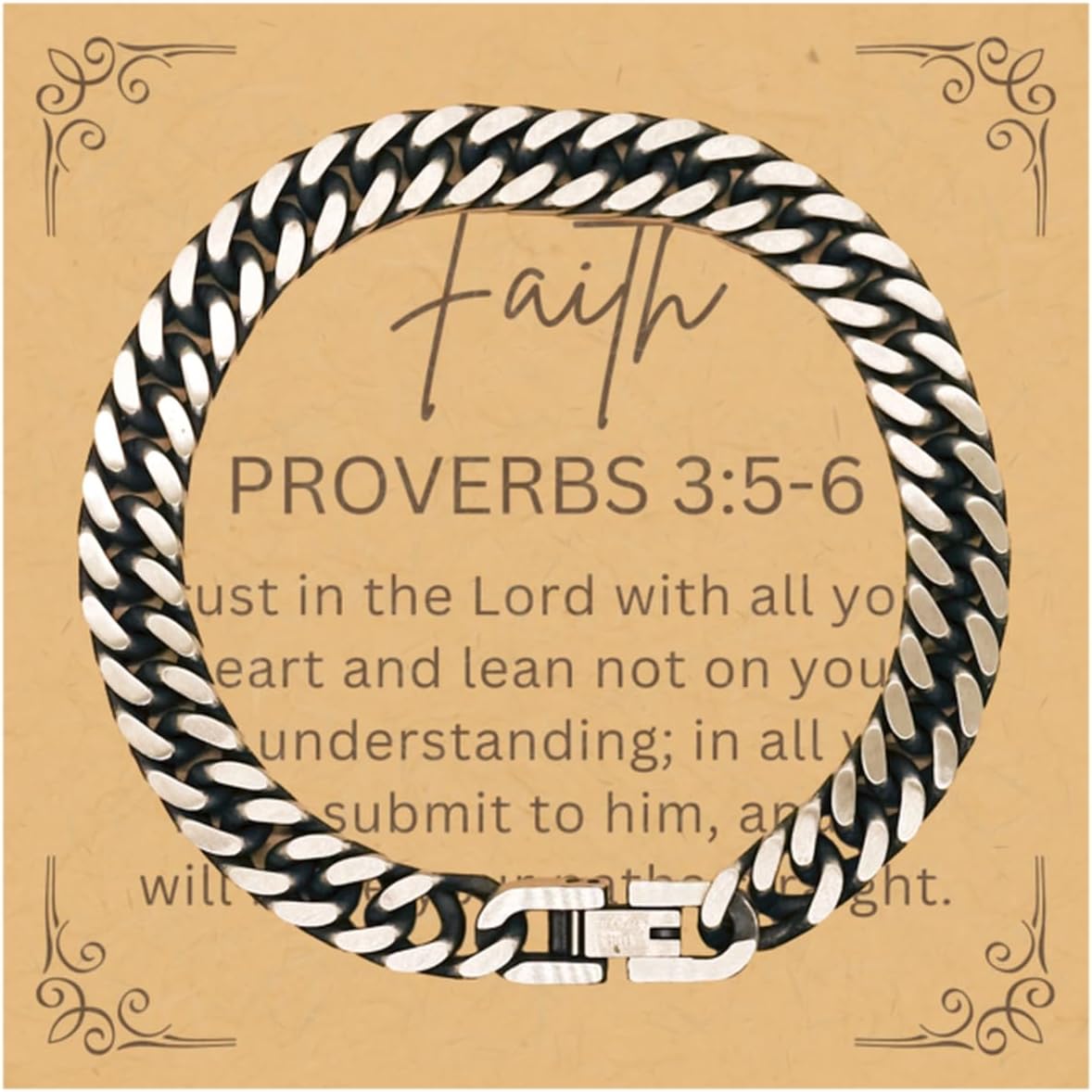 PARN'S Gifts For Christian Bible Verse - Proverbs 3:5-6 - Cuban Link Bracelet Faith Gifts For Son Dad Brother Nephew Boyfriend Husband, Religious Jewelry Bracelet Message Card Box