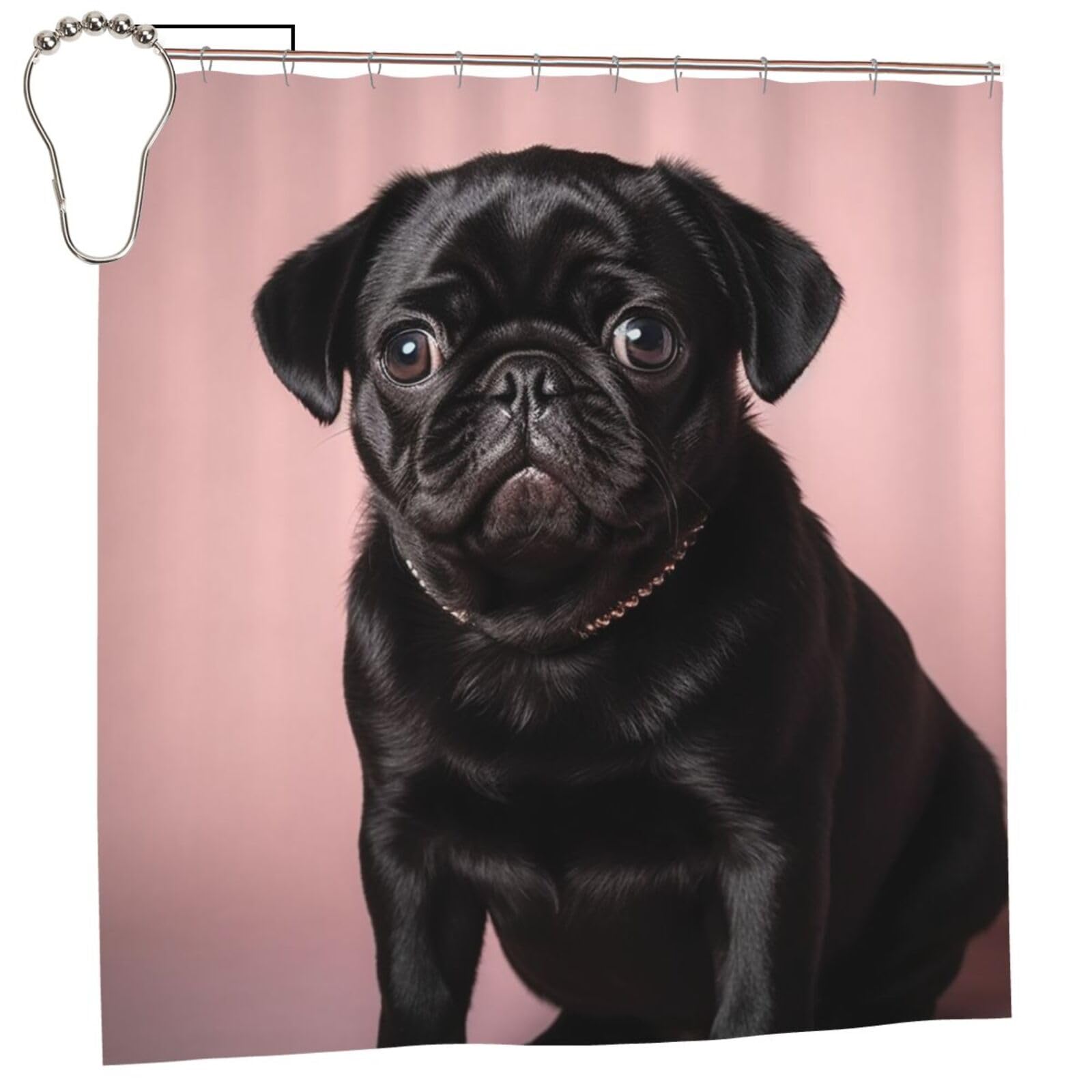 FodPand Cute Black Pug Shower Curtain 70"x70" Waterproof Long Bathroom Curtain Heavy Duty Thick Cloth Bath Curtain Set with Hooks, Modern Abstract Art Pattern Bathroom Shower Curtains