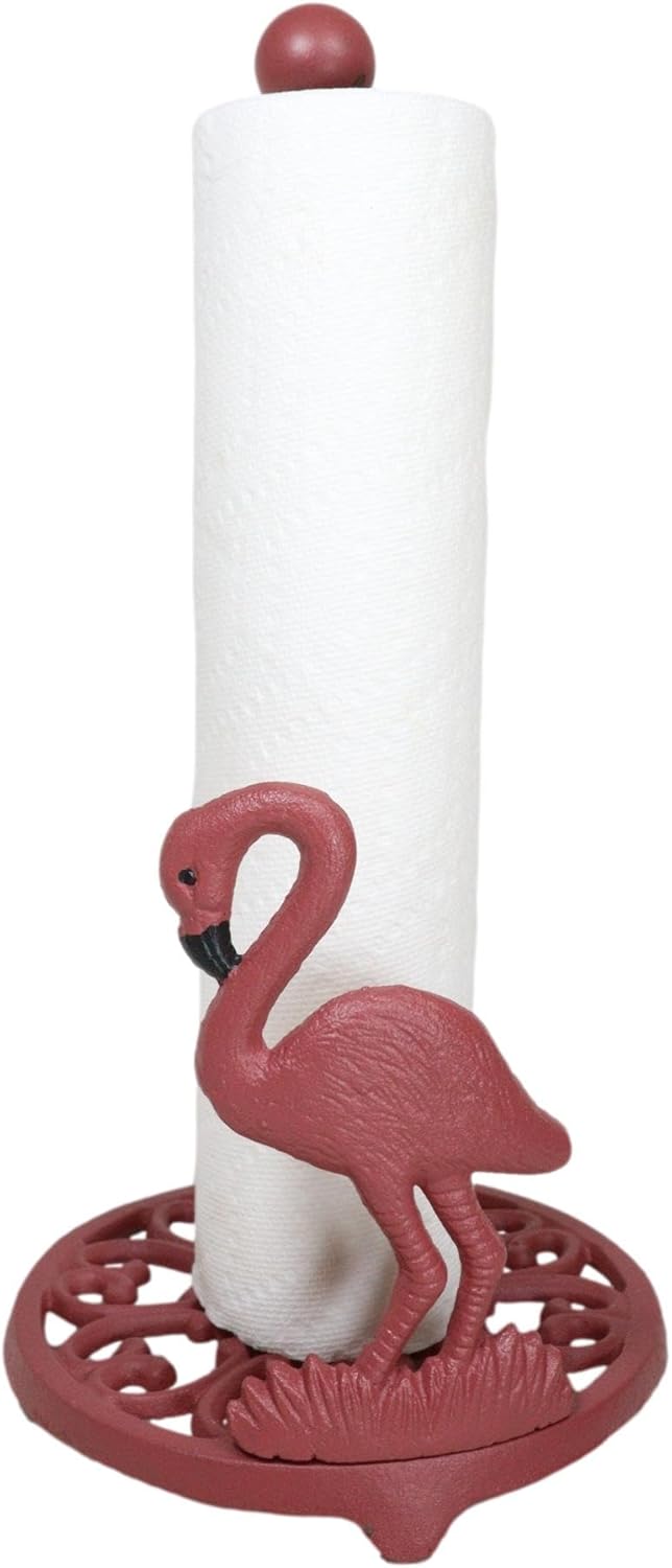 Ebros Gift Tropical Birds of Paradise Graceful Standing Pink Flamingo Cast Iron Kitchen Dining Paper Towel Holder Dispenser 13" High Home Bar Countertop Party Hosting Accent