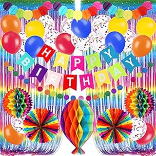 Recosis Colourful Birthday Decorations, Happy Birthday Banner Rainbow Foil Fringe Curtain Fiesta Hanging Paper Fans Pompoms Paper Hot air Balloon Confetti Balloons Birthday Party Decorations