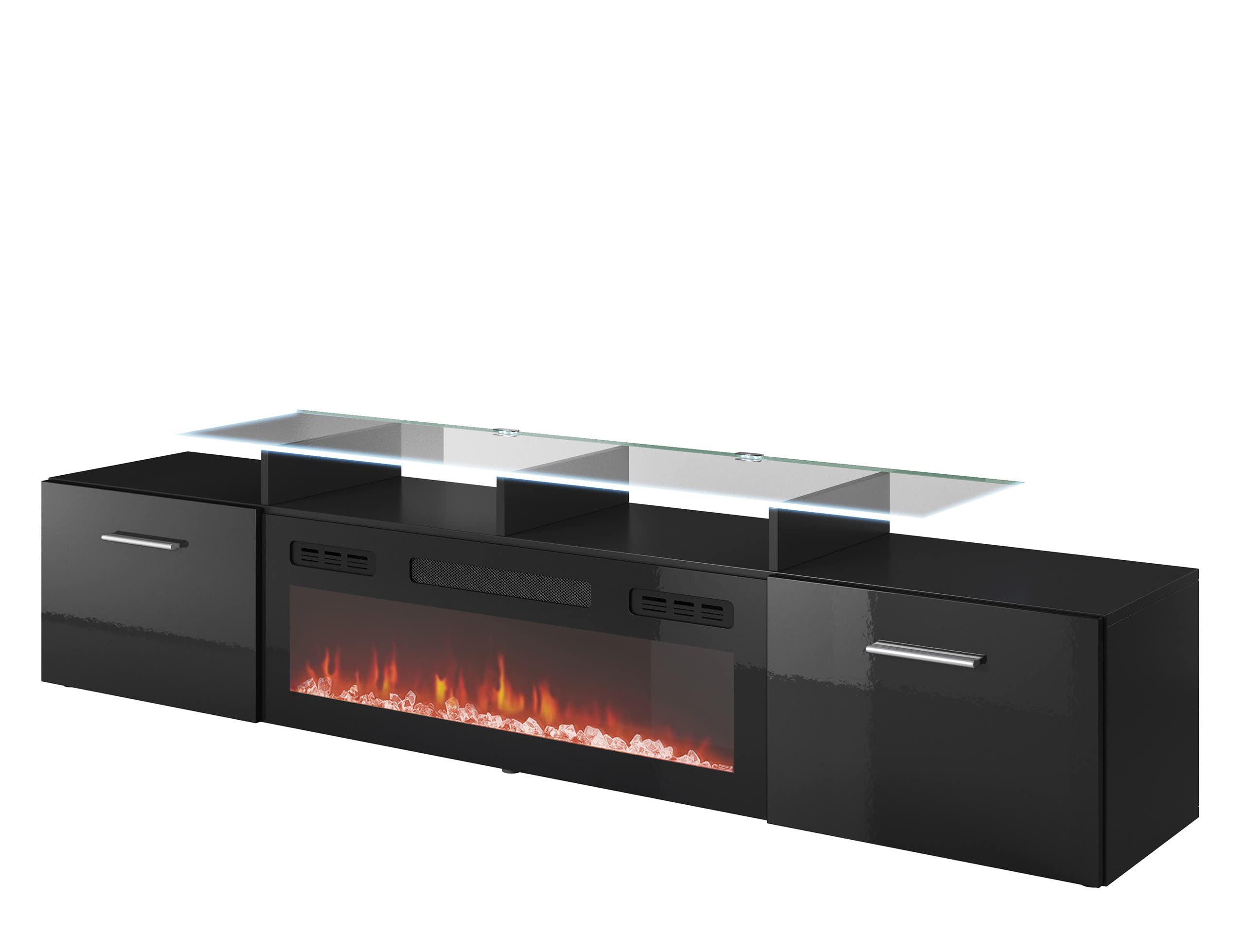 Meuble TV Avec Cheminée électrique Serkuzo EF 2D - 190 Cm, Flamme LED Réaliste, Chauffage Réglable, Design Noir Brillant - 14