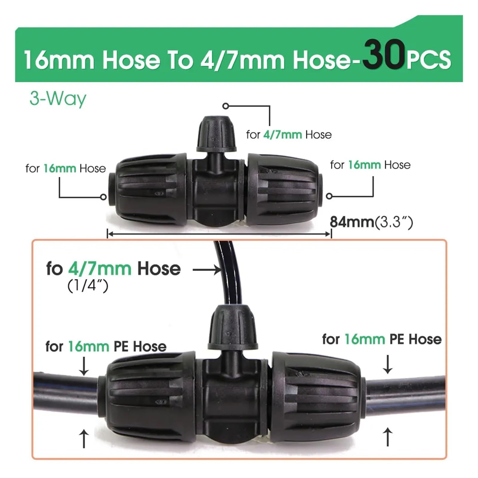 Junta en T de manguera 16mm a 4/7mm con cerradura for accesorios tubo riego por goteo jardín, conector 4 vías y 6, adaptador tubería 1/2"(A-30PCS)