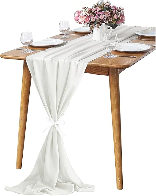 Chiffon Table Runner, KAMEUN 28x120 Inches White Table Runner Romantic Wedding Chiffon Fabric for Events Christmas Birthday Banquet Party Bridal Baby Shower Table Decorations Indoor Outdoor