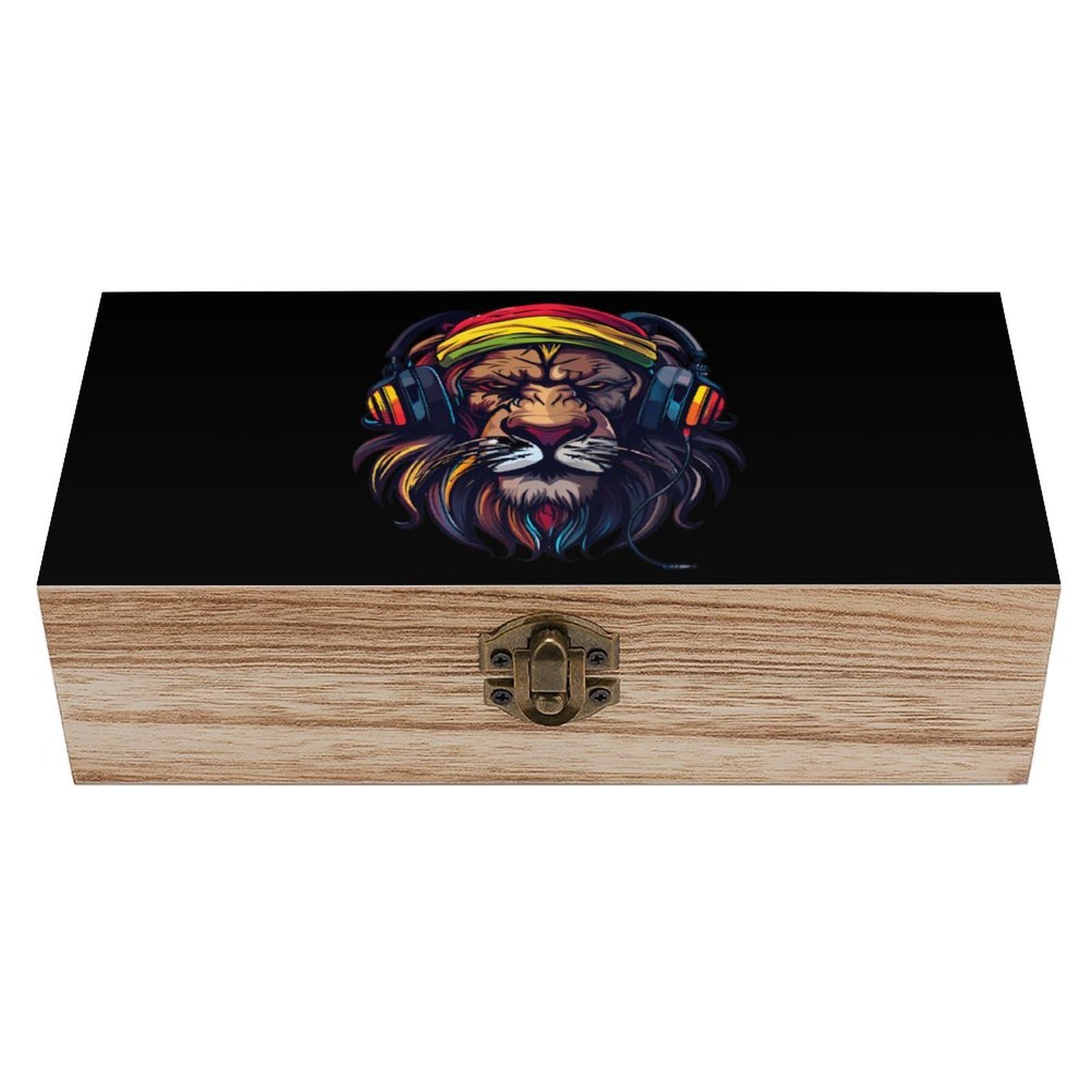 HLBSDM Rasta Reggae Music Lion Wooden Box with Hinged Lid Decorative Storage Case Container