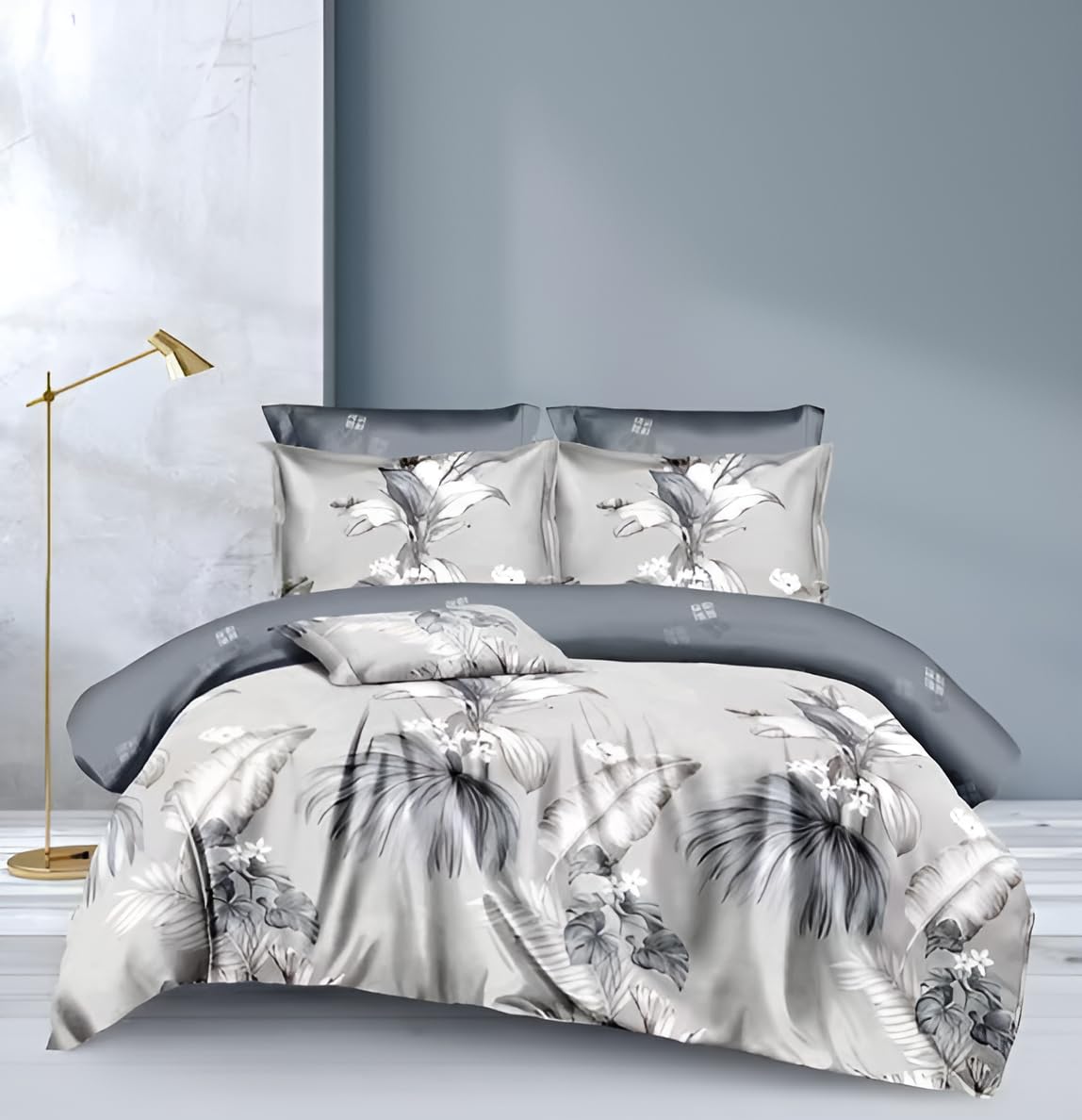 Luxurious 6 Pieces Cotton King Size Bedding Set, Modern and Attractive Duvet Cover Set with Flat Sheet 250x270 cm, Quilt Cover 220x240 cm, 4 Pillow Cases 50x80 cm (Gray)