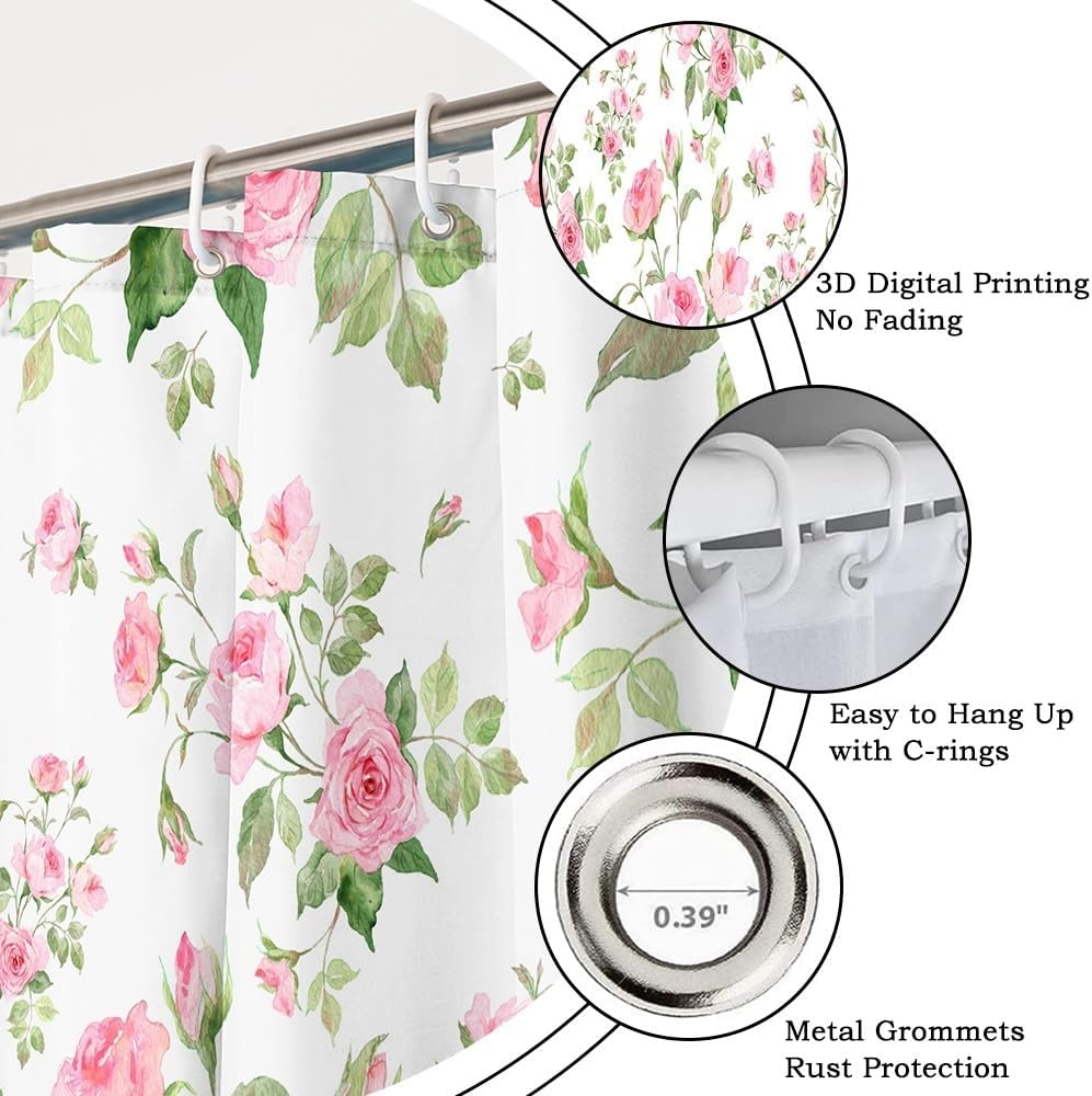 Pink Floral Shower Curtain Set Green Plant Romantic Rose Bathroom Decor Set Watercolor Flowers Shower Curtains for Womens Bathroom Machine Washable Waterproof Polyester Fabric with Hooks 72x72 Inch