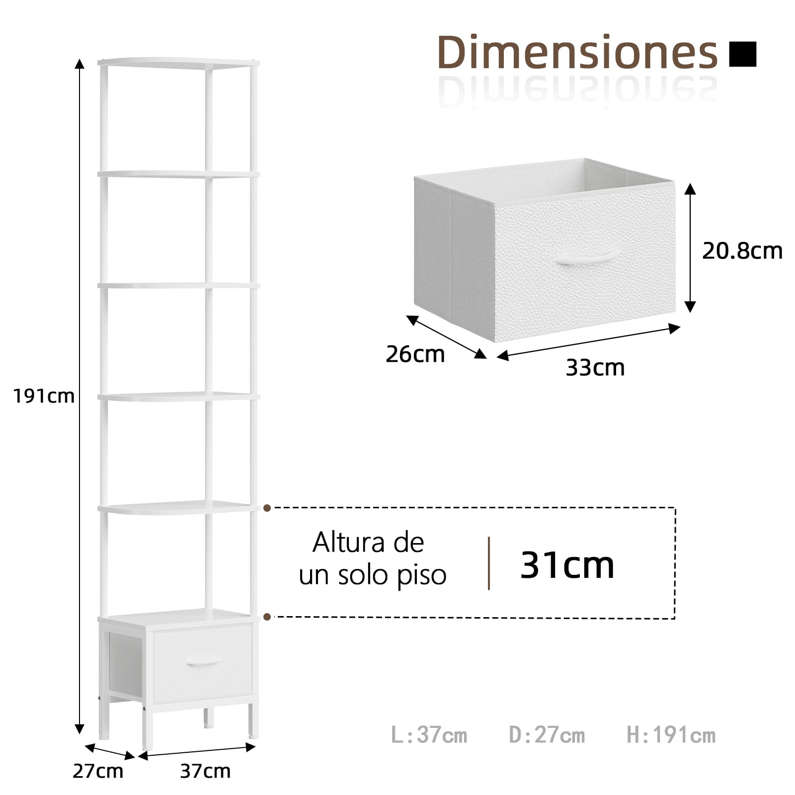 Librería de Esquina con Cajón y Luz LED, Estantería Alta de 6 Baldas (191 cm), Estrecha para Salón o Dormitorio, Cajón de Tela, Blanco