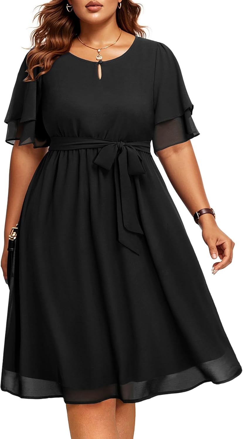 Pinup Fashion Plus Size Dresses for Wedding Guest - Semi Formal Cocktail Chiffon Keyhole Neck Knee Length Dress