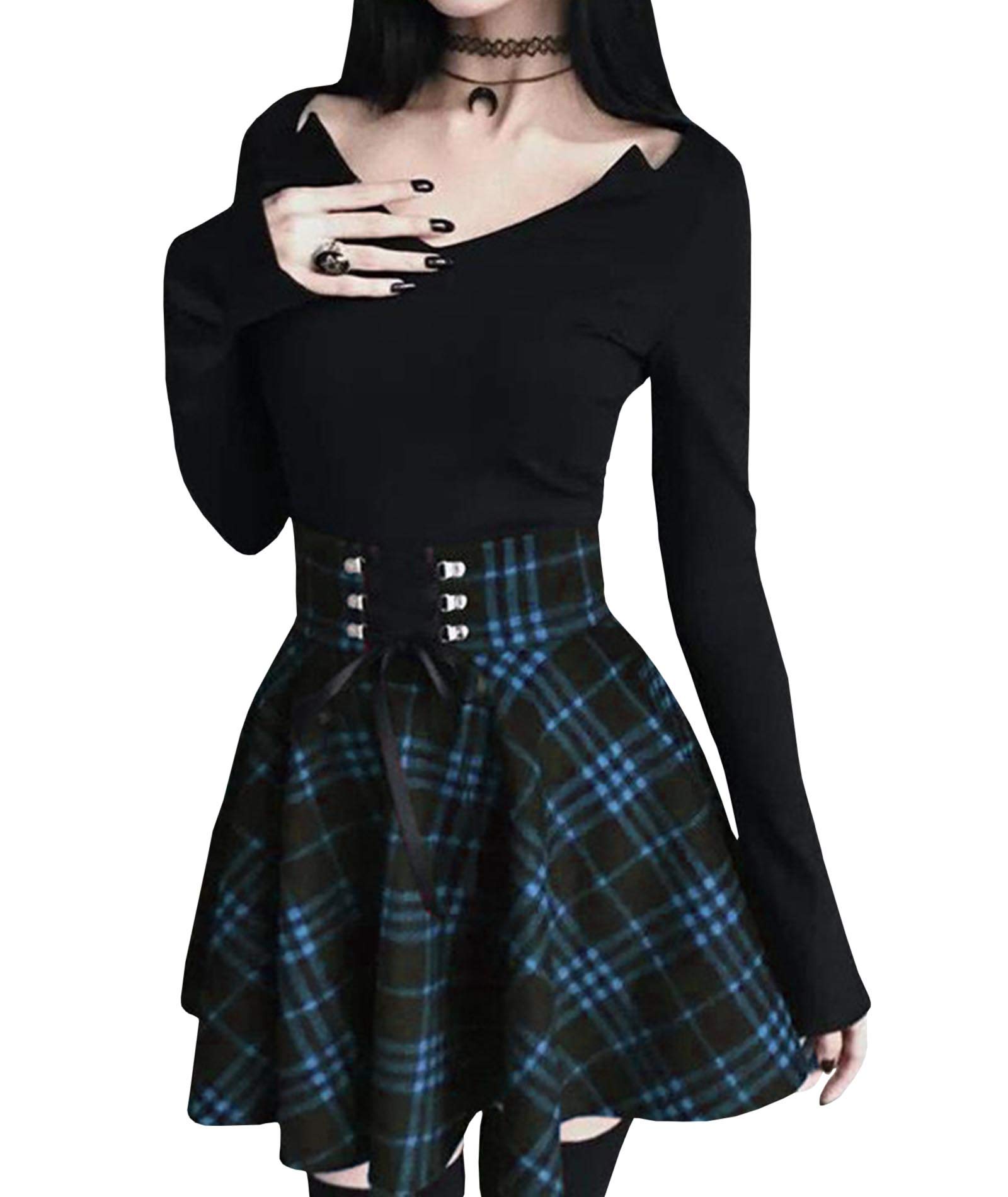 HAHAEMMA Geruite kilt rok voor dames, plooirok, tartan, minirok, hoge taille, korte skaterrok, informeel, mini-klokrok, blauw, S HAHAEMMA Geruite kilt rok voor dames, plooirok, tartan, minirok, hoge taille, korte skaterrok, informeel, mini-klokrok, blauw, S