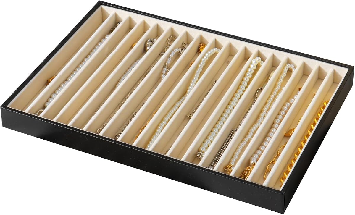 Large Jewelry Organizer Tray, Stackable Jewelry Storage Holder PU Leather Velvet Jewellery Display Case for Stud Earring Bracelet Necklace Ring (Black Beige, 16 Grids)
