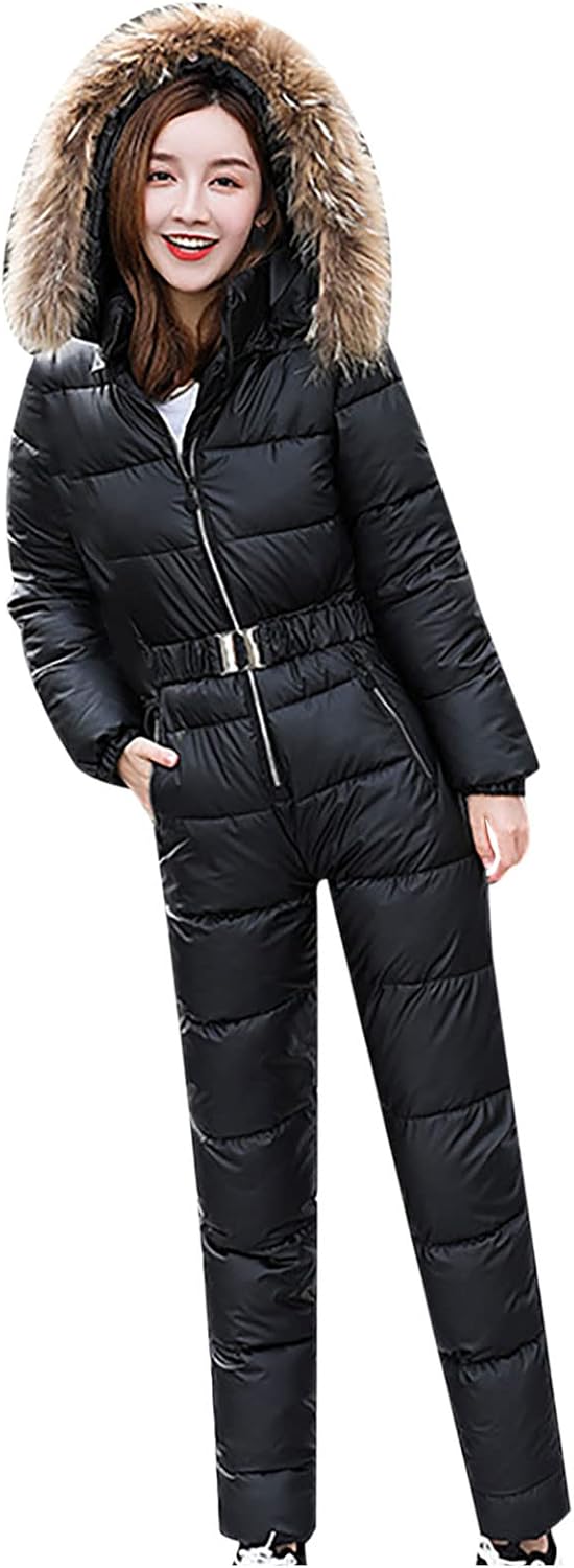 bmkBWO Women's Zip Up Ski Suit One Pieces Fur Hood Onesies Outdoor