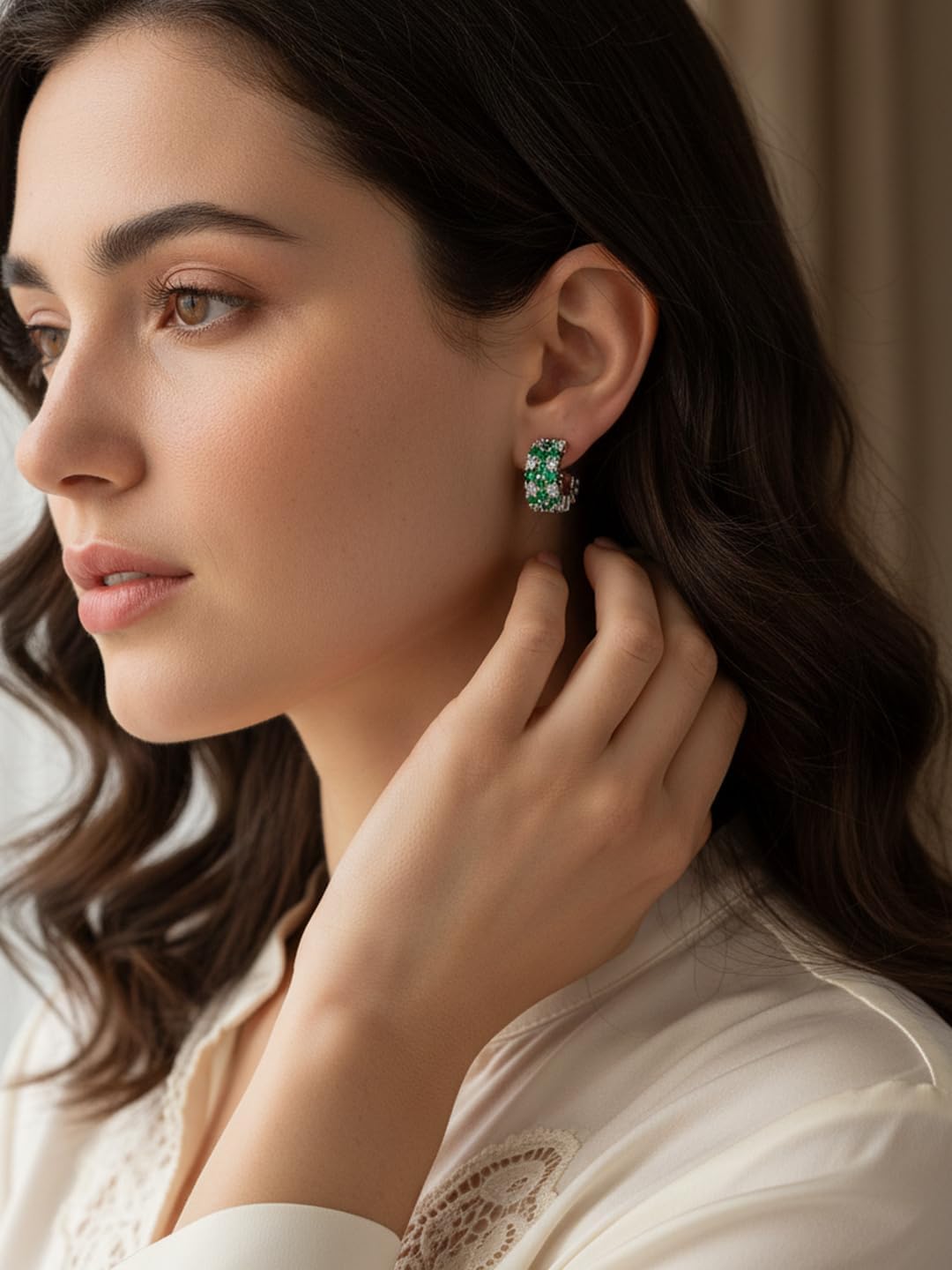 Moissanite Emerald Ruby Sparkle Chunky Wide Hoop Earrings for Women, Solid 925 Sterling Silver, Gorgeous Half Hoop Earrings, Christmas Anniversary Mother's Day Jewelry