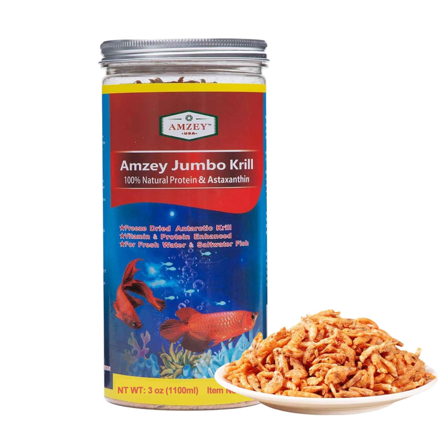 Amzey Freeze Jumbo Krill 3 oz, Dired Jumbo Shrimp Essential Omega-3, Vitamin Enhancement, Super Food for Pets, Cat Food, Dog Food, Fresh and Salt Water Fish