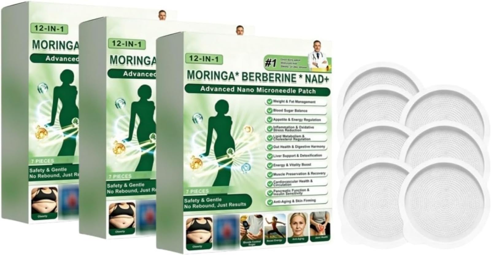 Moringa & Berberine 12 in 1 Nano Microneedle Slimming Patches, Natural Ingredients, Portatile, Comfortable, Easy to Apply, Invisible Under Clothes, Ideal for Men, Women and All Skin Types