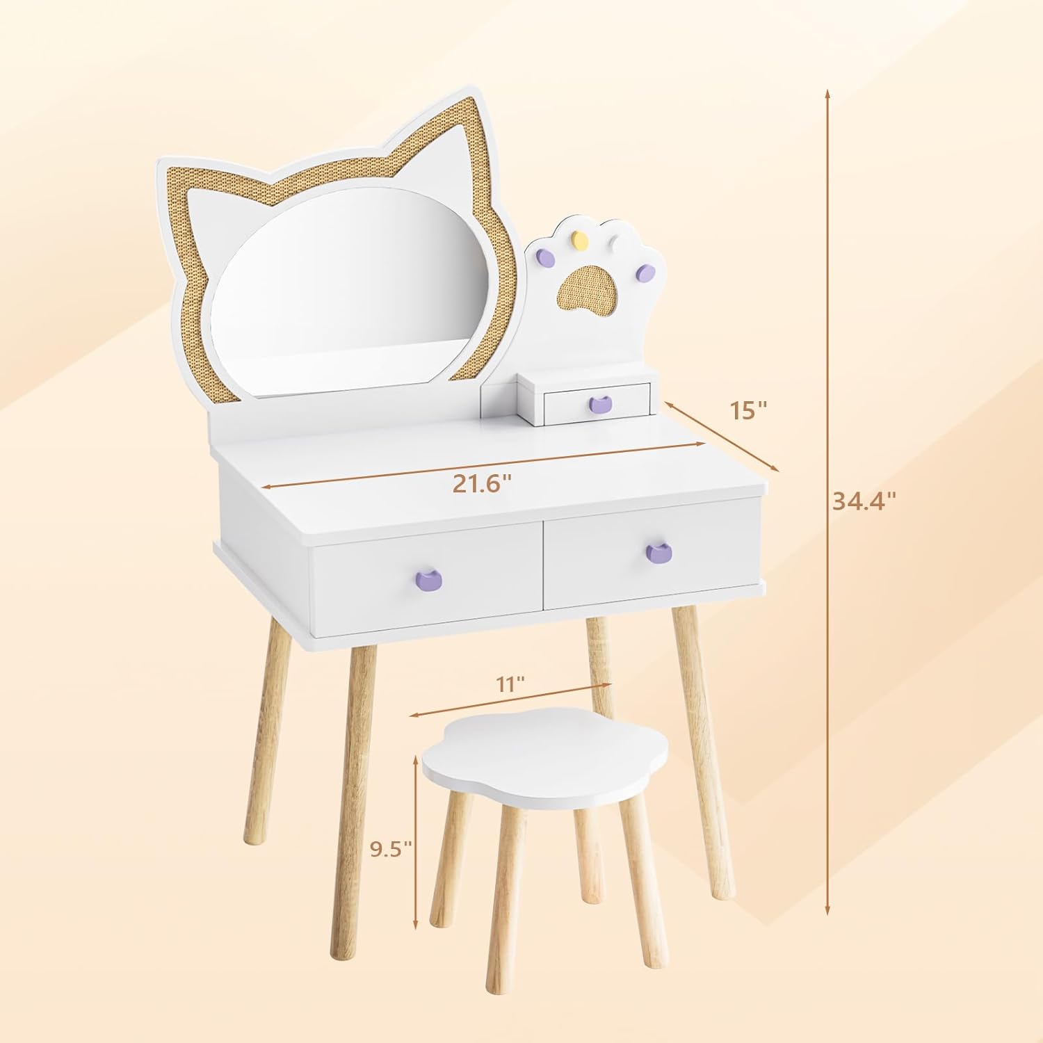 JOYMOR Kids Vanity with Cat Mirror & Woven Rattan, Toddler Vanity Set with 7 Accessories, Makeup Dressing Table with Storage Drawer for Girls (White)