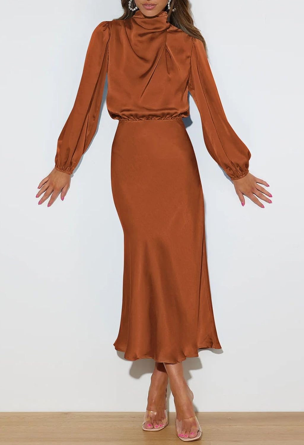 Pink Queen Women's Elegant Long Sleeve Satin Dress Mock Neck Elastic Waist Cocktail Party Wedding Guest Midi Dresses - Image 2