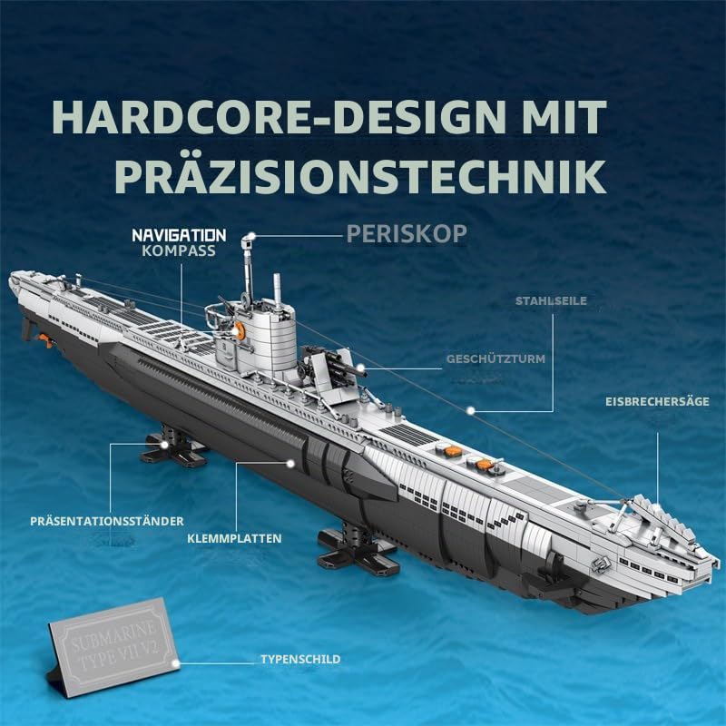 YILETKC Submarine Schiff Bausteine, 3987 Teile U-förmiges U-Boot Klemmbausteine Modell Bausatz, Militär Schiffe Modular Konstruktionsspielzeug, Militär Bauspielzeug für Erwachsene