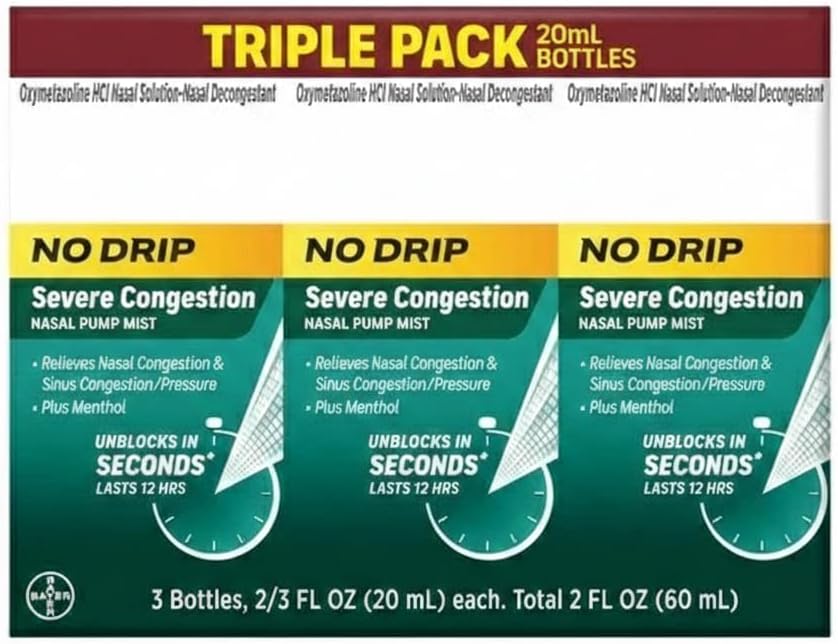 No Drip Severe Nasal Congestion Relief Pump Mist, Fast-Acting 12-Hour Formula for Colds, Allergies & Sinus Pressure, 60 ml, Targeted Nasal Spray for Easier Breathing, Long Lasting, Precise Dosing