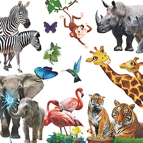 Amaonm Creative Giant Removable Cartoon Zoo Wild Jungle Animals 3D Diy Lion Giraffe Elephant Tree Wall Decals Nursery Decor For Kids Bedroom Living Room Playroom Classroom Hospital Decoration (B) #TOP2