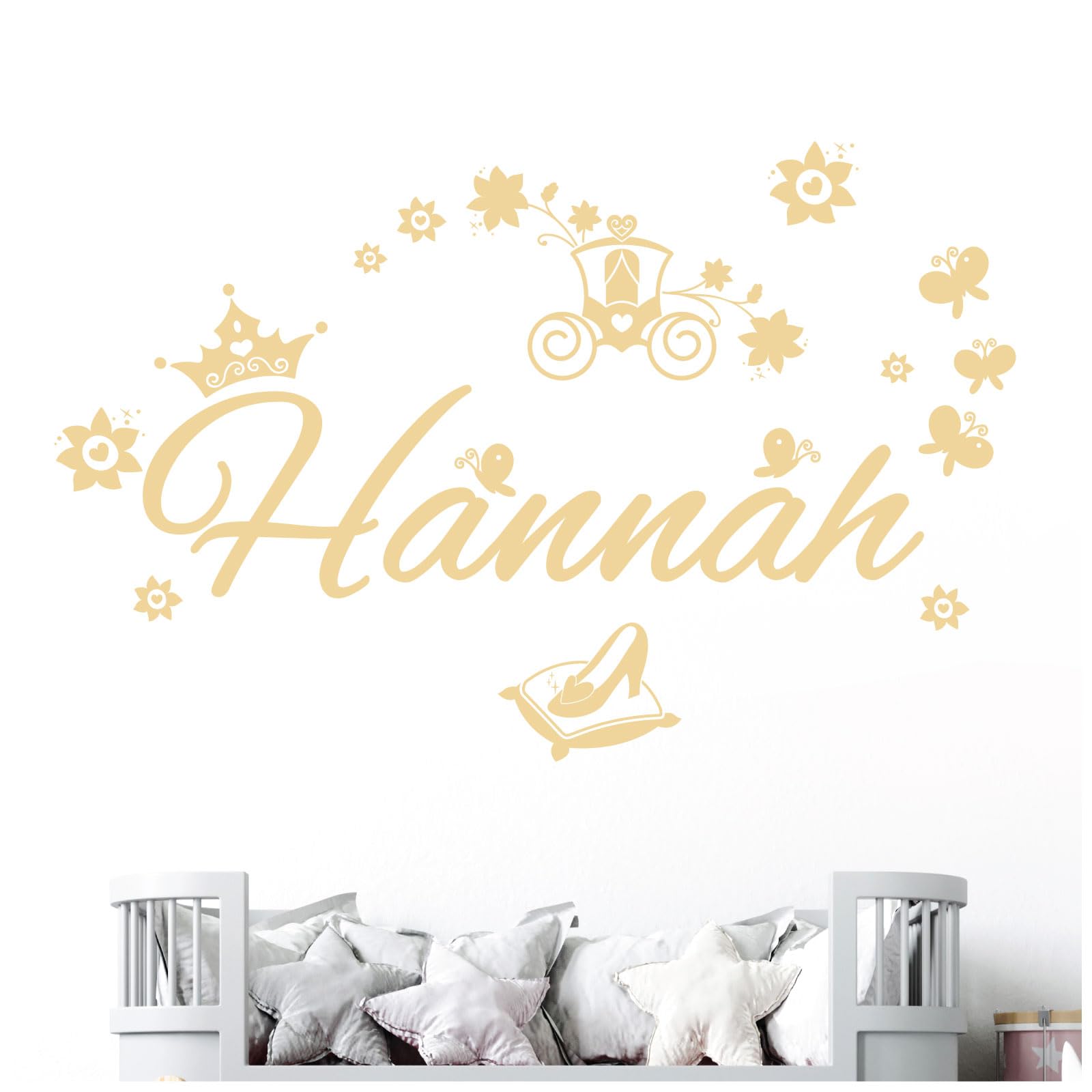 Personalised Name Girls Wall Art Sticker - Princess Fairy Tale Cinderella Story [Large] [Cream]