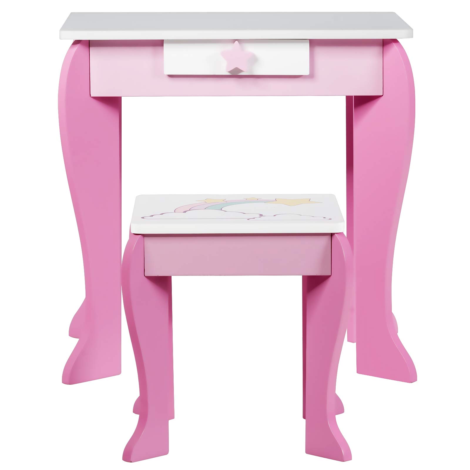 GIANTEX Set di Specchiera e Sgabello per Bambini, Tavolo da Trucco Giocattolo in Legno con Cassetto, Ideale Regalo per Ragazze di 3-7 Anni, con Portata di 15kg, 49x35,5x89cm (Rosa)