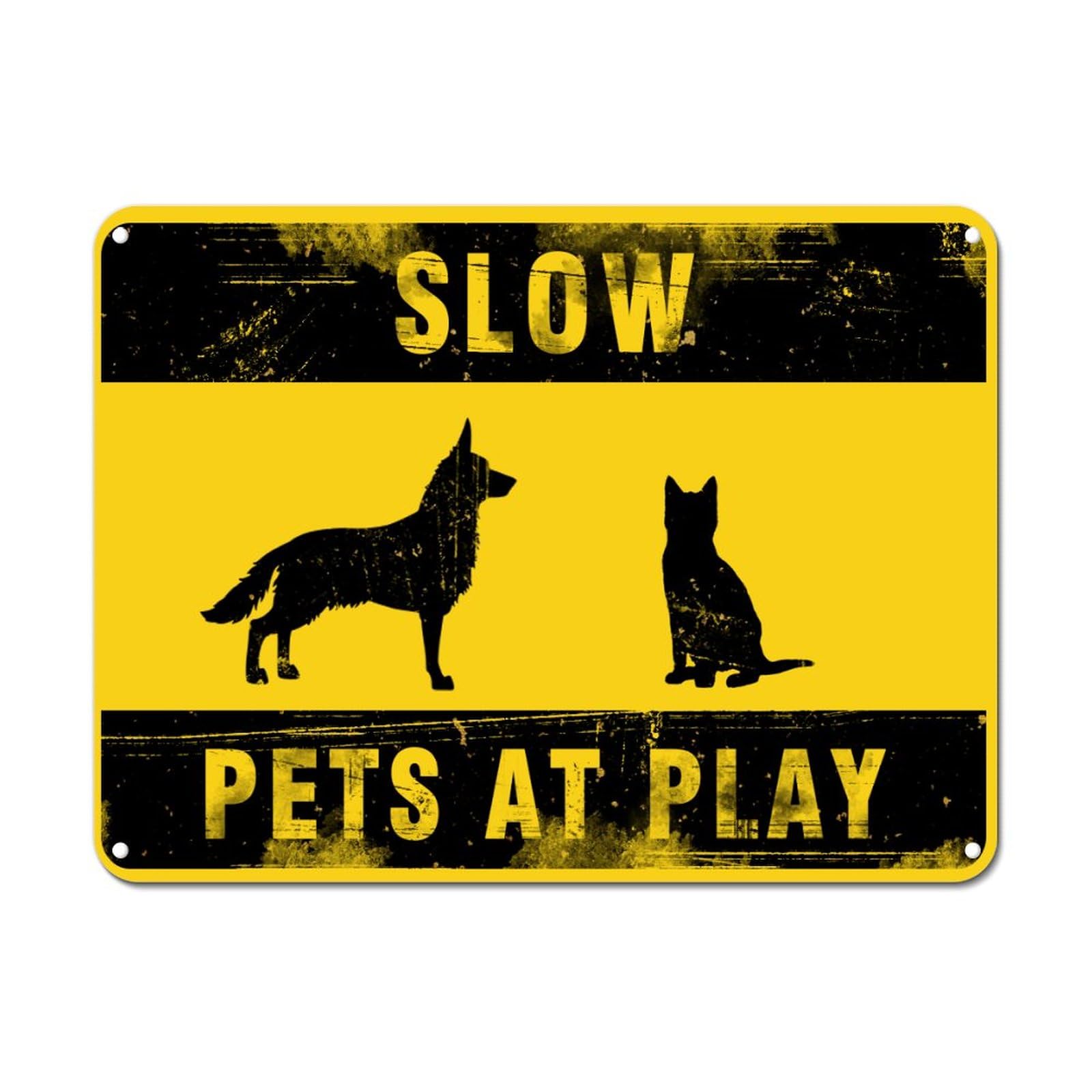 ENEDNATE Slow Pets at Play Warning Aluminum Metal Tin Sign Vintage Caution Notice Street Metal Sign for Garage Garden Toilet Parking Lot Wall Art Home Decor 12x16 Inch Printed Poster