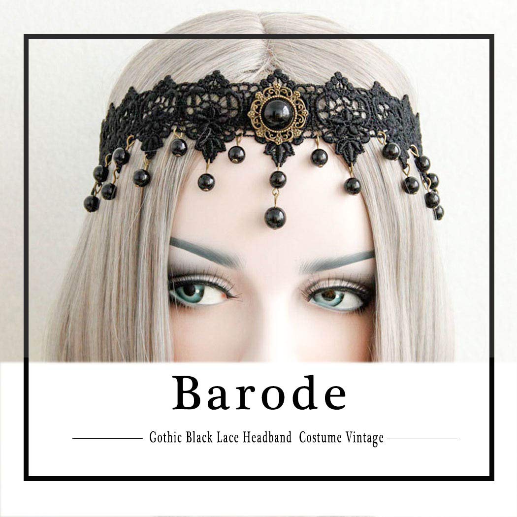 Barode Gothic Lolita Black Lace Headband Halloween Vintage Pearl Party Headwear Costume Baroque Flower Elastic Crown Forehead Jewelry for Women and Girls : Clothing, Shoes & Jewelry