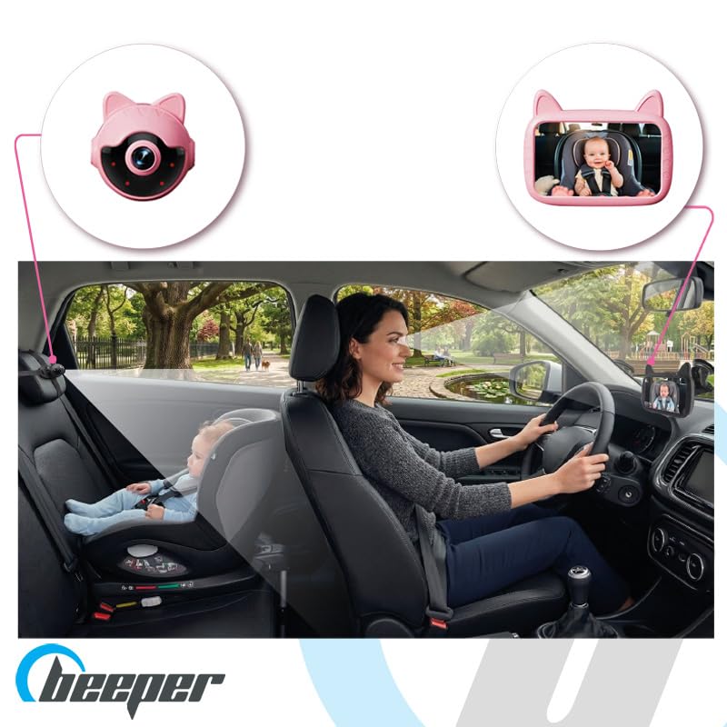 Beeper BABEECAM 1 - Cámara de Coche para bebé con Pantalla de 4,3 Pulgadas, visión Nocturna automática, cámara de Gato para Asiento Trasero, vigilancia de bebé en Coche, fácil instalación, Color Rosa