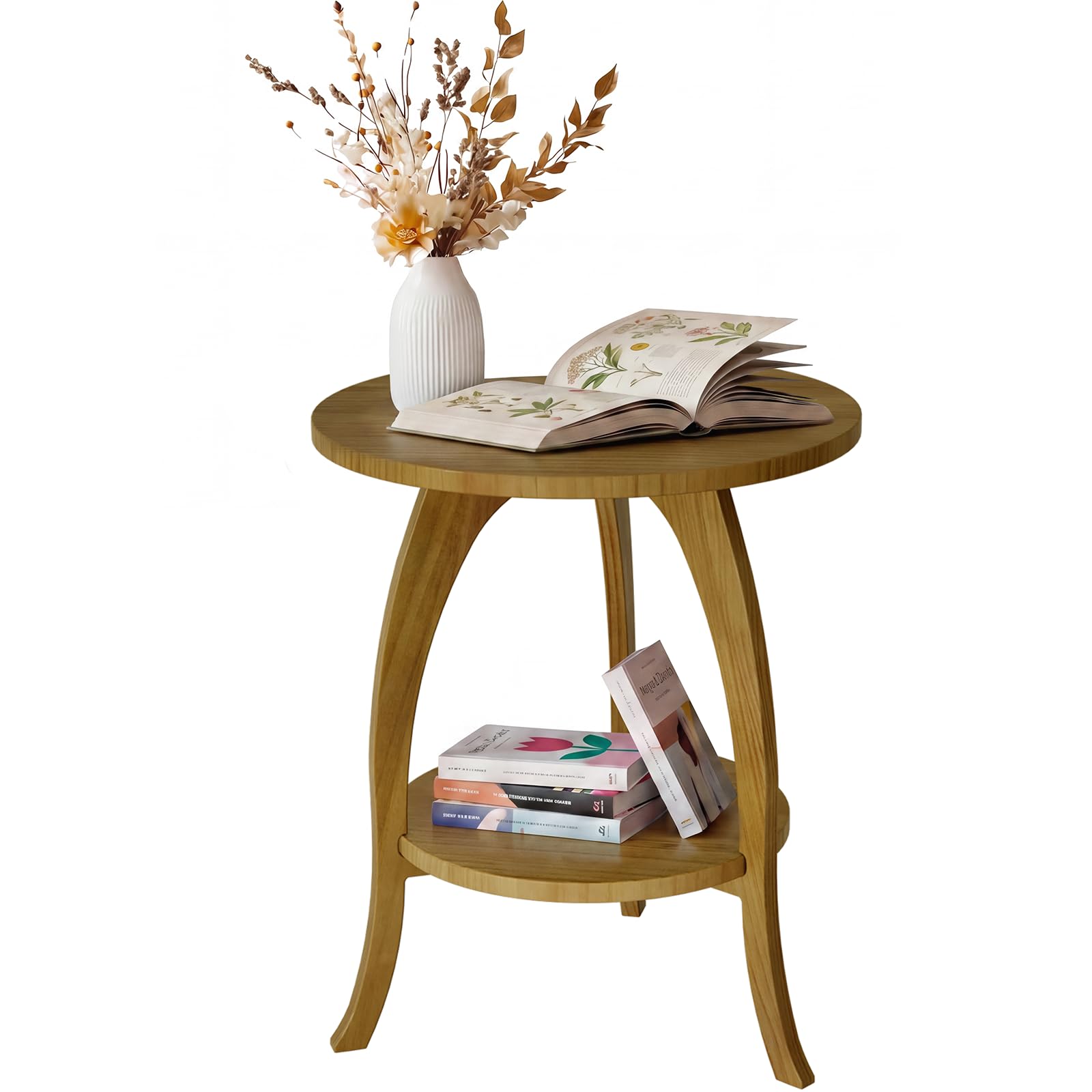 Table d'appoint ronde style rétro du milieu du siècle moderne en bois massif avec plateau de rangement, petite table d'appoint pour salon ou table de chevet, marron