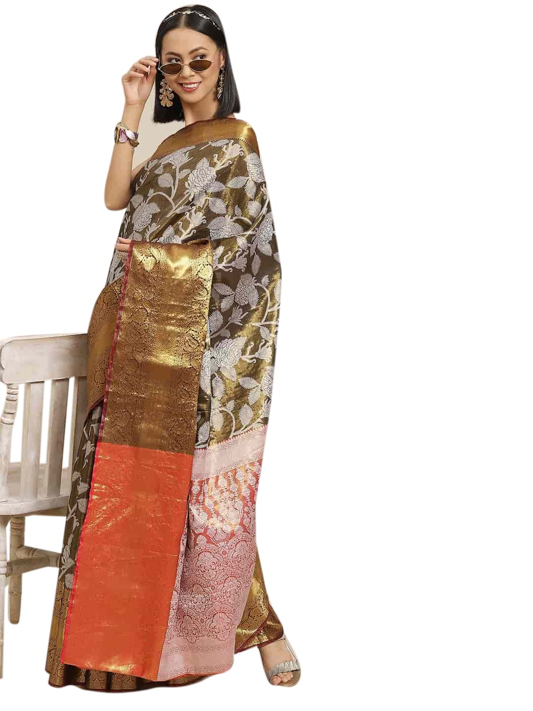 Enthone Women's Soft Brocade Floral Saree With Unstitched blouse Piece