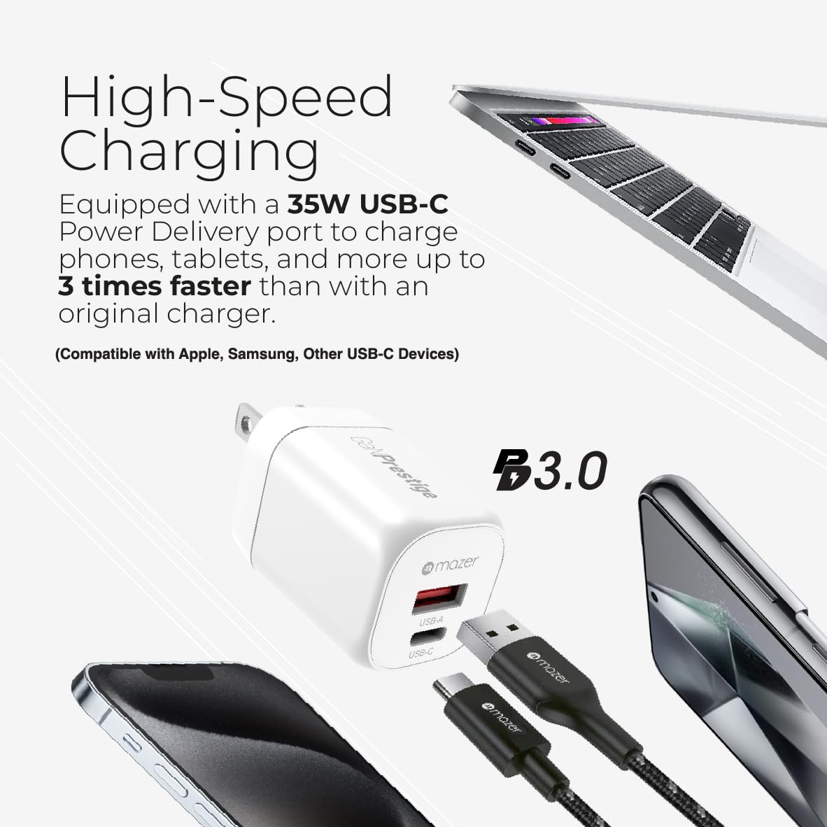 Mazer G35W GaNPrestige 35W Mini Wall Charger, 2 Ports (1 USB-C + 1