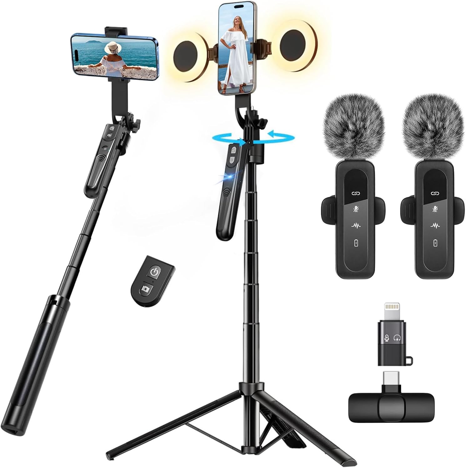 Content Creator Vlogging Kit for iPhone/Android,70-inch Al Auto Face Tracking Tripod for iPhone with Light and Wireless Microphones,TikTok/YouTube Starter Kit