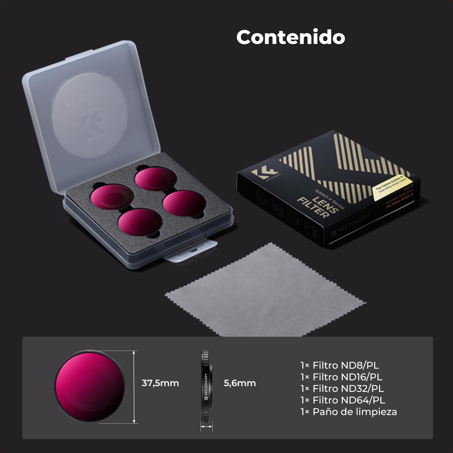 K&F CONCEPT Kit de Filtros ND/PL Compatible con dji Osmo Action 6, 4Pcs ND8/PL ND16/PL ND32/PL ND64/PL, Filtro Polarizador/Densidad Neutra de Roscado - Cristal HD Multicapa para Cámara de Acción