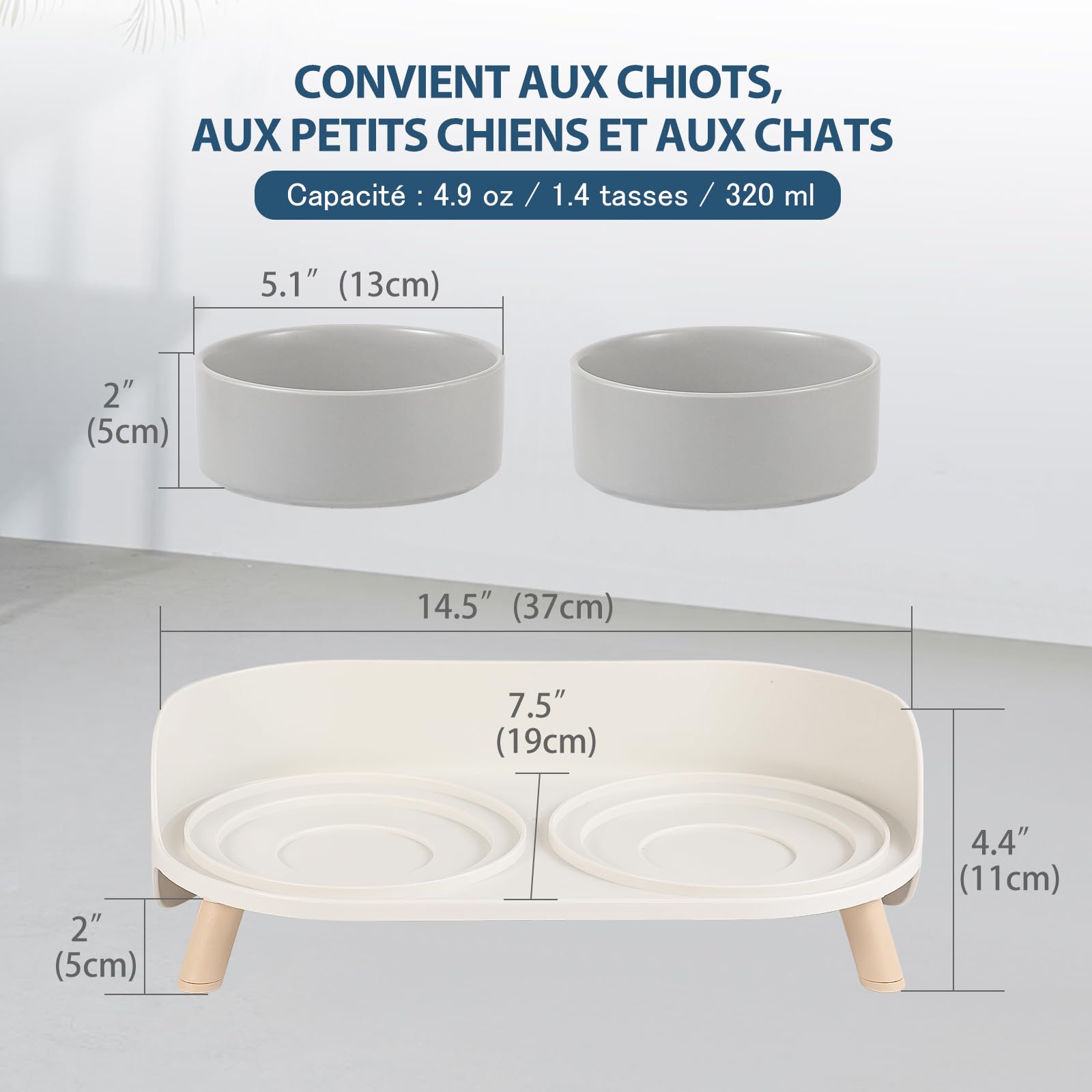 Double Gamelle Chat Surélevée en Céramique - Gamelle pour Chat avec Support Antidérapant - Bols pour Eau et Nourriture, Anti-Éclaboussures, pour Chiots et Petits Chiens - 2 x 320 ML - Gris