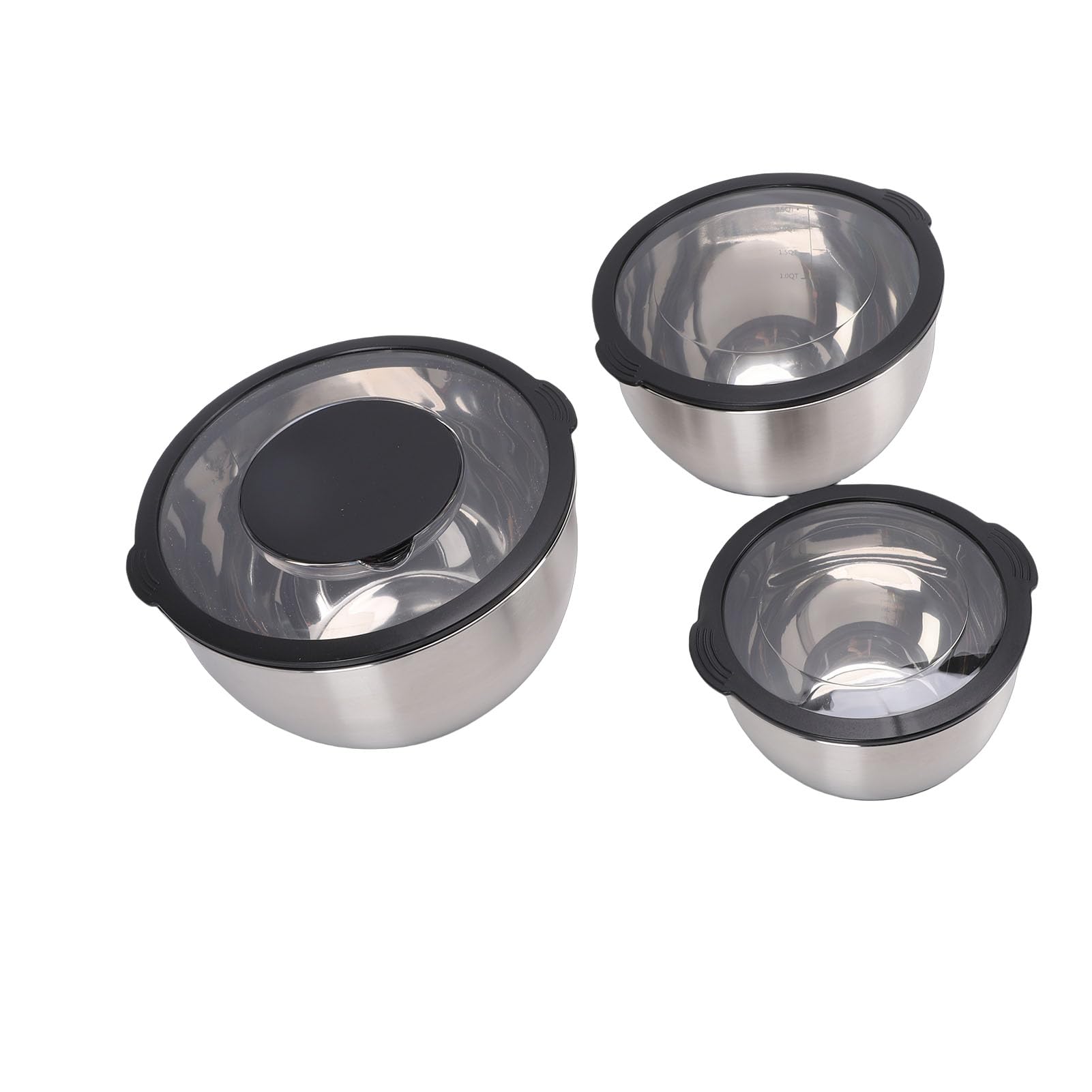 Rührschüsseln mit Deckel-Set, 3-teiliges Set aus Lebensmittelechtem Edelstahl 304, Ineinander Steckbare Rührschüsseln mit Rutschfester Silikonbasis, 3 Reibenaufsätze, Luftdichte Deckel für