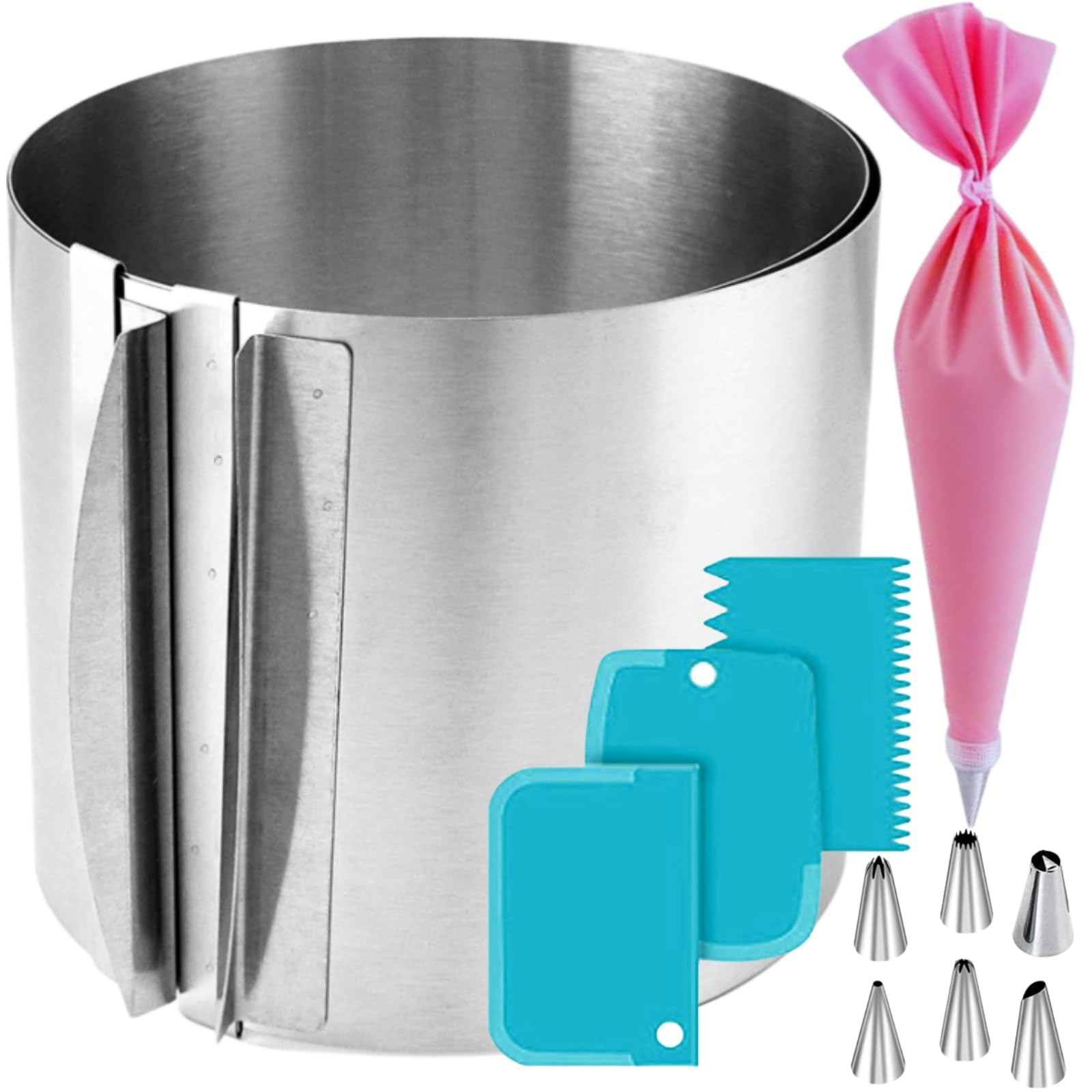 HANFCO® 15cm Adjustable Cake Ring 16-30cm, 11pcs Cake Decorating Kit, Cake Ring Adjustable Round Mould, Cooking Rings Cutter
