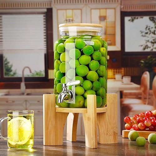 Miniatura 7 de Drink Dispenser Cold Drink Dispenser with Spigot Glass Clear Beverage Dispenser with Bamboo Base Large Capacity Water Dispenser for Parties and