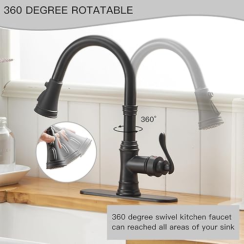 Miniatura 7 de Homevacious Grifo de cocina de níquel cepillado con rociador extraíble, 3 modos de pulverización, manija única, palanca simple, grifo de fregadero