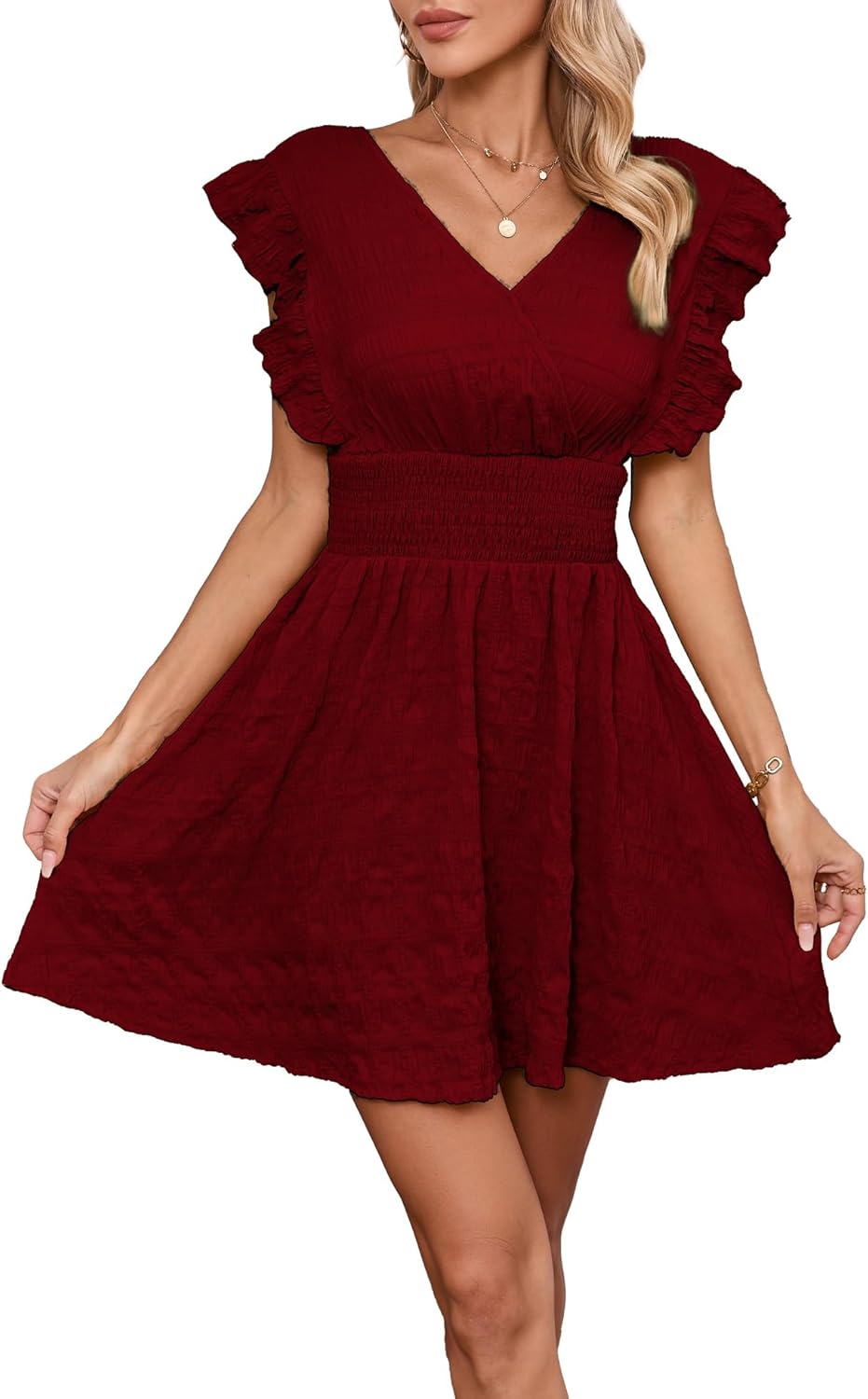 Women's Casual V Neck Ruched Cap Sleeve Elastic Waist Dress - Image 3