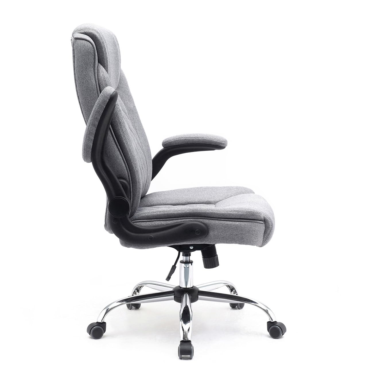 Stoff-Bürostuhl Comfortable, ergonomischer Drehstuhl bis 130 kg, mit klappbaren Armlehnen, Schreibtisch Stuhl mit Hohe Rückenlehne, grau
