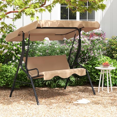 Image of Tangkula 3 Person Porch Swing, Patio Swing with Removable Cushion & Powder-Coated Steel Frame, Outdoor Swing with Canopy for Porch, Backyard, Garden, Balcony (Beige)