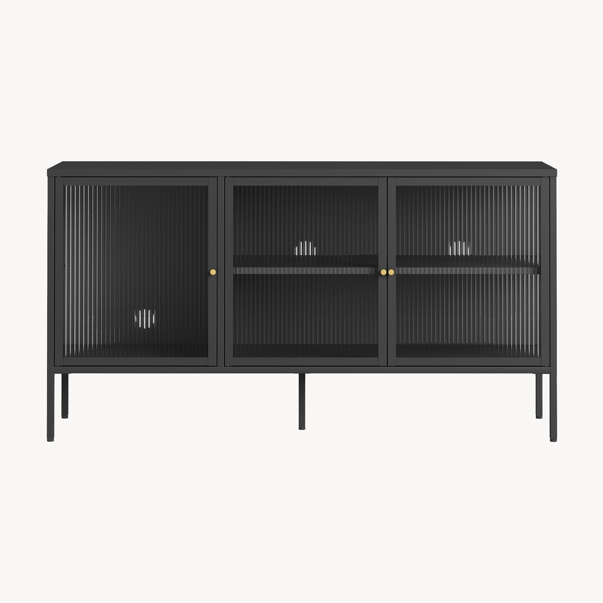 [en.casa] Mobile TV Credenza Industriale in Acciaio Nero con 3 Ante in Vetro Scanalato Madia Moderna per Soggiorno con Ripiani e Passacavi 80x150x40 cm